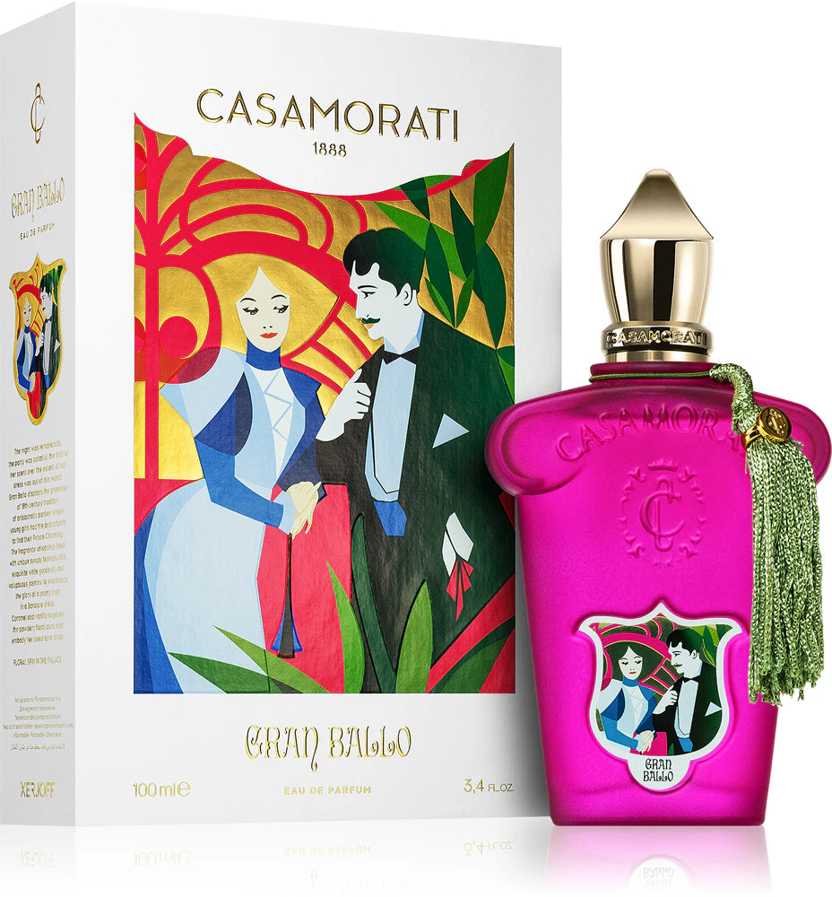 Casamorati perfume bottle with colorful packaging featuring a couple.