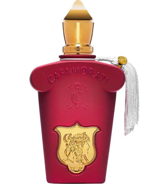 Red perfume bottle with gold accents and 'Casa Morati' branding on a white background