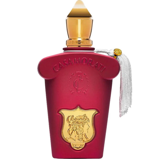 Red perfume bottle with gold accents and 'Casa Morati' branding on a white background