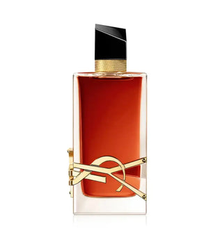 Perfume bottle with gold accents on a white background