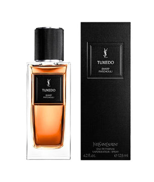 Yves Saint Laurent Tuxedo Sharp Patchouli perfume bottle and packaging on a white background