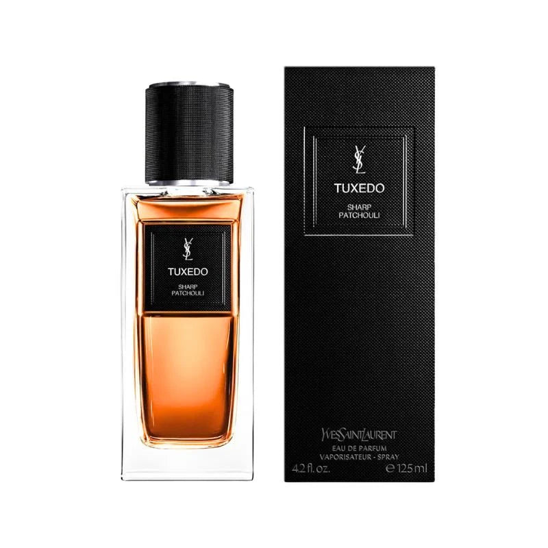 Yves Saint Laurent Tuxedo Sharp Patchouli perfume bottle and packaging on a white background