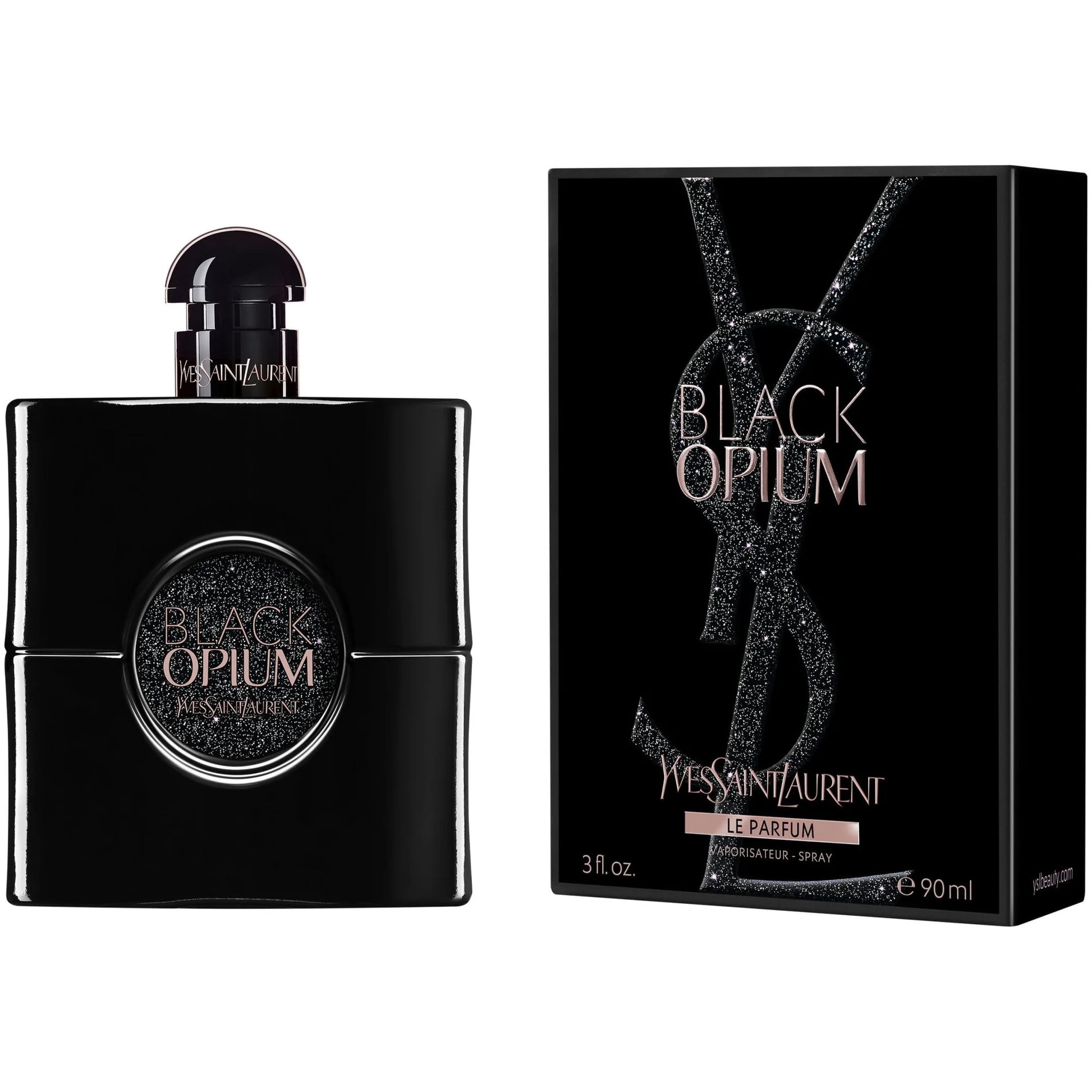 Yves Saint Laurent Black Opium perfume bottle and packaging on a white background