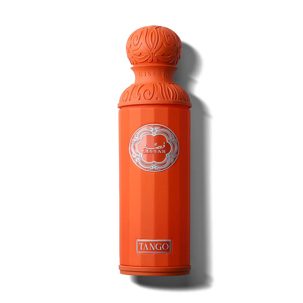 Orange bottle with decorative cap on a white background
