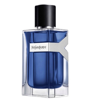 Blue perfume bottle with black cap on a white background