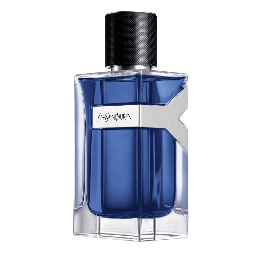 Blue perfume bottle with black cap on a white background