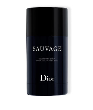 Dior Sauvage Deodorant Stick in a sleek black cylindrical container with white lettering, set against a plain white background.