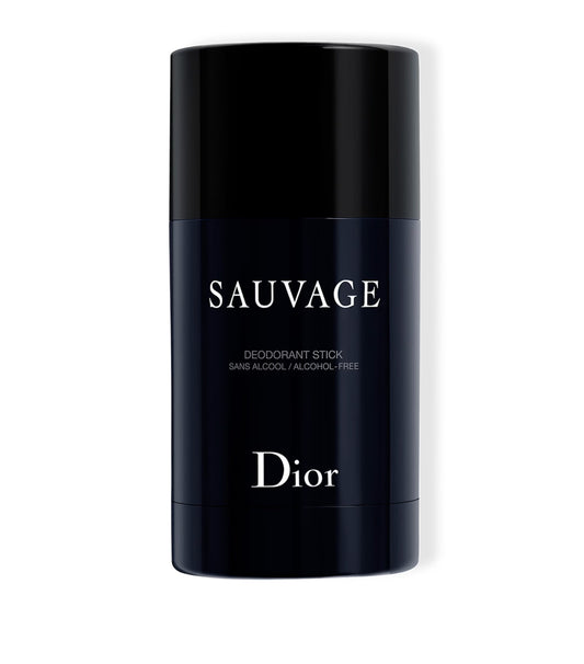 Dior Sauvage Deodorant Stick in a sleek black cylindrical container with white lettering, set against a plain white background.