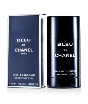 Chanel Bleu de Chanel stick deodorant shown with its dark navy blue box and matching cylindrical container on a clean white background.