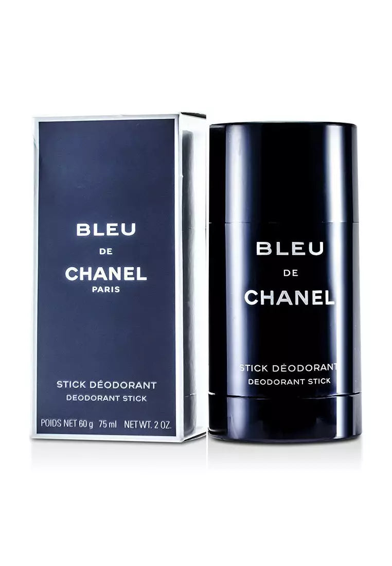 Chanel Bleu de Chanel stick deodorant shown with its dark navy blue box and matching cylindrical container on a clean white background.