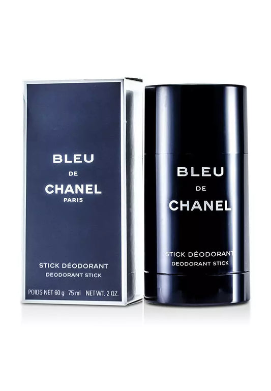 Chanel Bleu de Chanel stick deodorant shown with its dark navy blue box and matching cylindrical container on a clean white background.