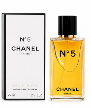 Chanel No. 5 Eau de Toilette spray bottle with its white and black packaging box, displayed on a clean white background.