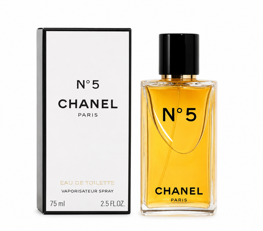 Chanel No. 5 Eau de Toilette spray bottle with its white and black packaging box, displayed on a clean white background.