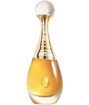Perfume bottle with gold cap and clear body on a white background
