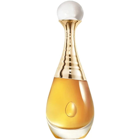 Perfume bottle with gold cap and clear body on a white background