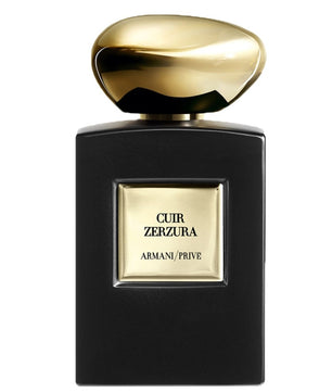 Black and gold perfume bottle labeled 'Cuir Zerzura' by Armani Prive on a white background