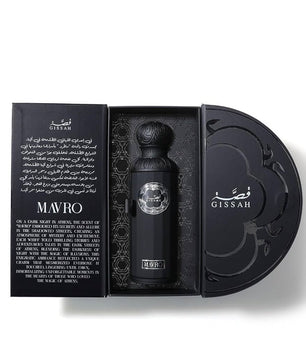 Black perfume bottle with decorative packaging featuring the brand 'Gissah' on a white background.