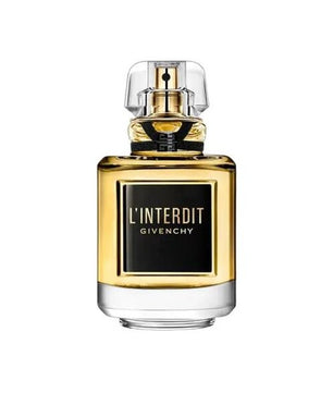 A bottle of Givenchy L'Interdit perfume with a clear glass cap and base, filled with golden-yellow liquid, featuring a black rectangular label with gold lettering.