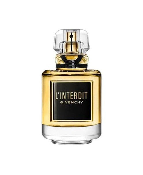 A bottle of Givenchy L'Interdit perfume with a clear glass cap and base, filled with golden-yellow liquid, featuring a black rectangular label with gold lettering.