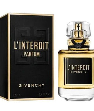 Givenchy L'Interdit Parfum bottle and its black and gold packaging box, shown on a plain white background.