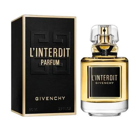 Givenchy L'Interdit Parfum bottle and its black and gold packaging box, shown on a plain white background.