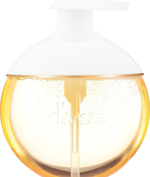 Perfume bottle with white cap and gold body on a white background