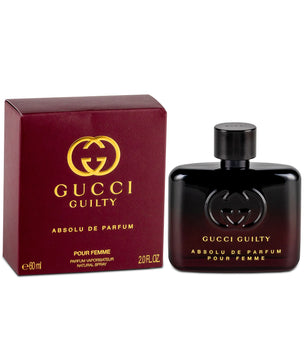 Gucci Guilty Absolu de Parfum for women, shown with its dark red packaging box and the black glass perfume bottle on a white background.