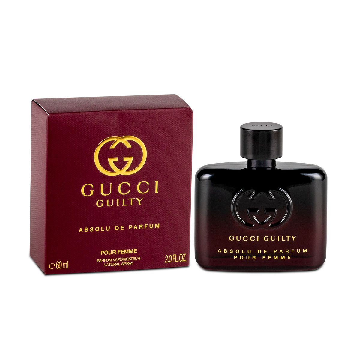 Gucci Guilty Absolu de Parfum for women, shown with its dark red packaging box and the black glass perfume bottle on a white background.