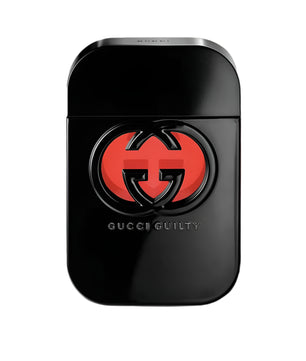 Black Gucci Guilty perfume bottle with red logo on a white background