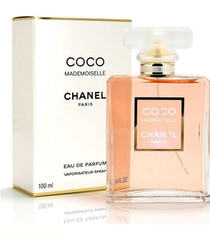 Chanel Coco Mademoiselle perfume bottle and packaging on a white background