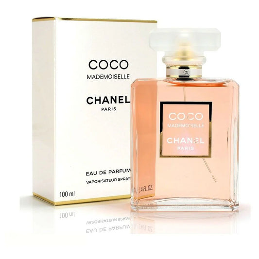 Chanel Coco Mademoiselle perfume bottle and packaging on a white background