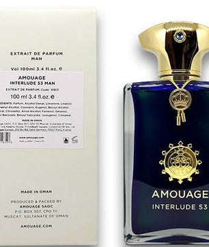 Amouage Interlude 53 Man Extrait de Parfum bottle next to its cream-colored packaging box, featuring a dark blue glass bottle with gold detailing and a gold cap.