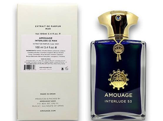 Amouage Interlude 53 Man Extrait de Parfum bottle next to its cream-colored packaging box, featuring a dark blue glass bottle with gold detailing and a gold cap.