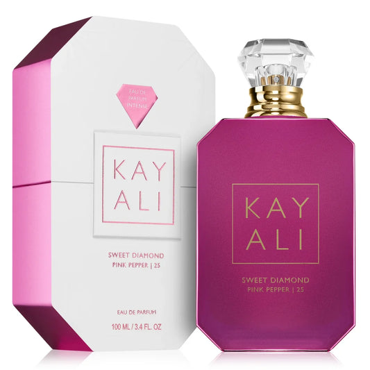 Two perfume bottles by KAY ALI, one white and one purple, on a white background.