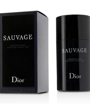 Dior Sauvage deodorant stick shown next to its black packaging box on a white background.