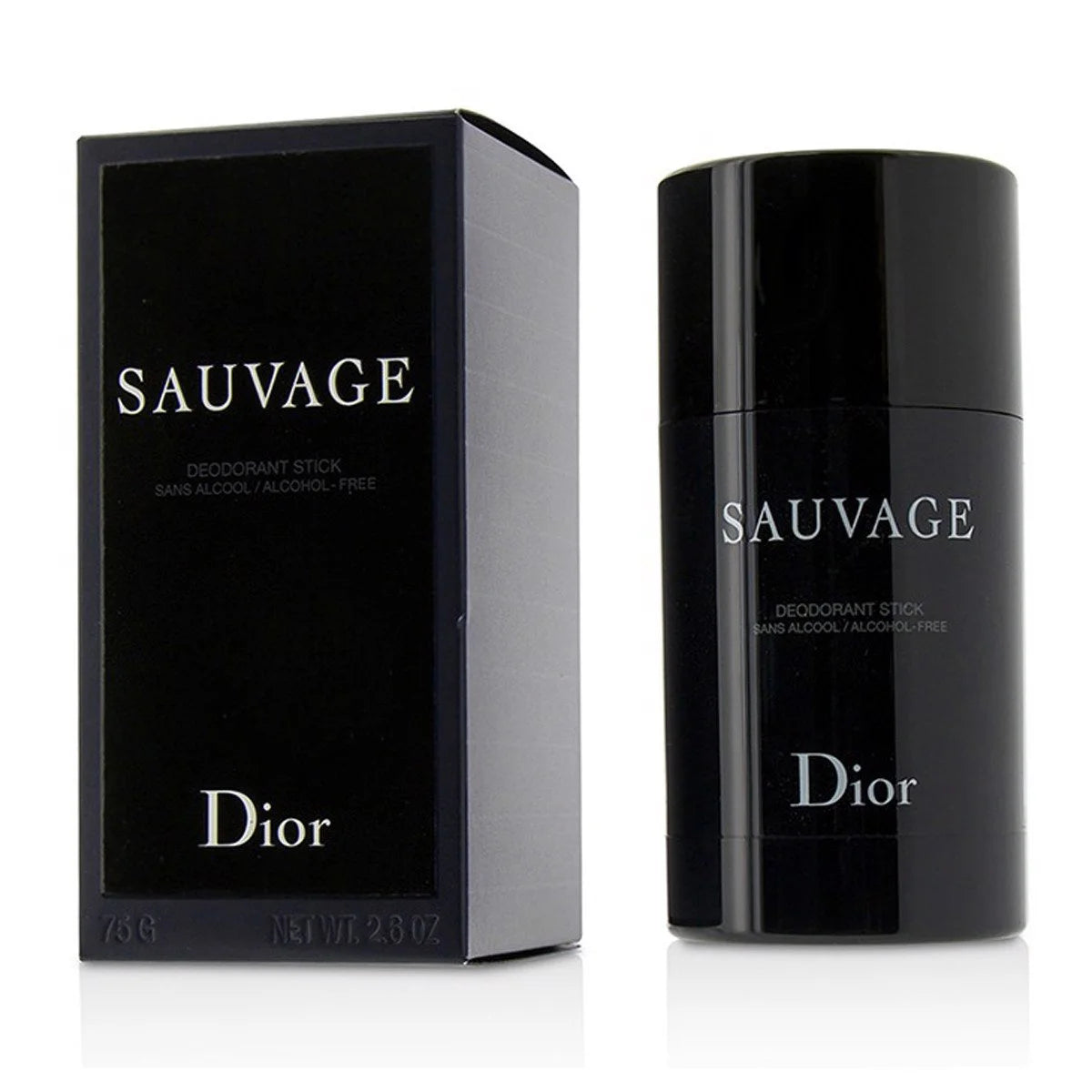 Dior Sauvage deodorant stick shown next to its black packaging box on a white background.