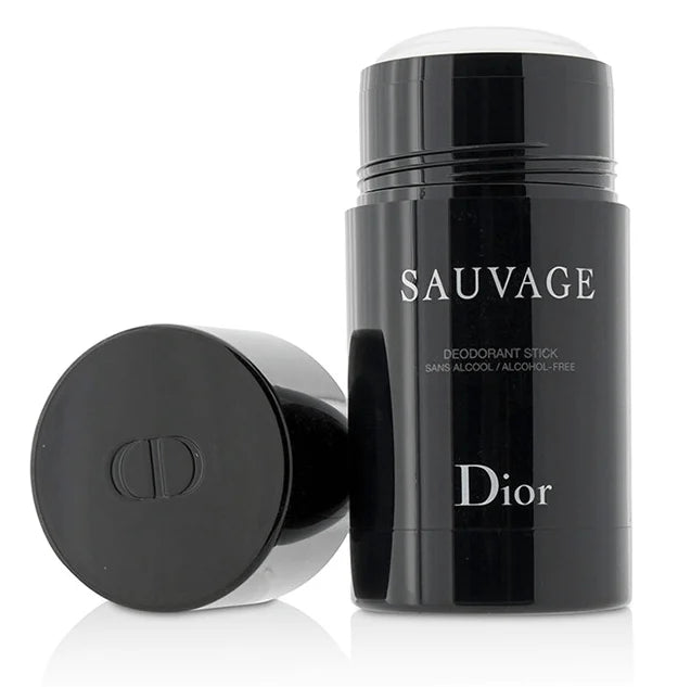Dior Sauvage Deodorant Stick in a glossy black cylindrical container with the cap removed and placed beside it on a white background.