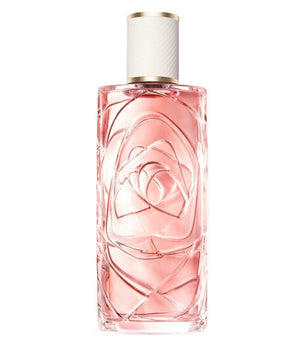 Pink perfume bottle with white cap on a white background
