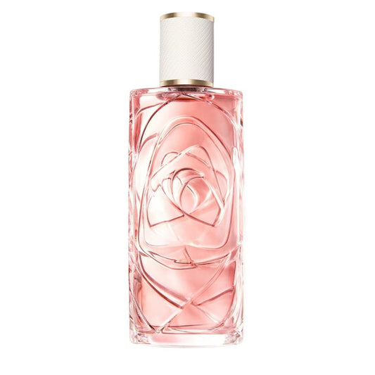 Pink perfume bottle with white cap on a white background