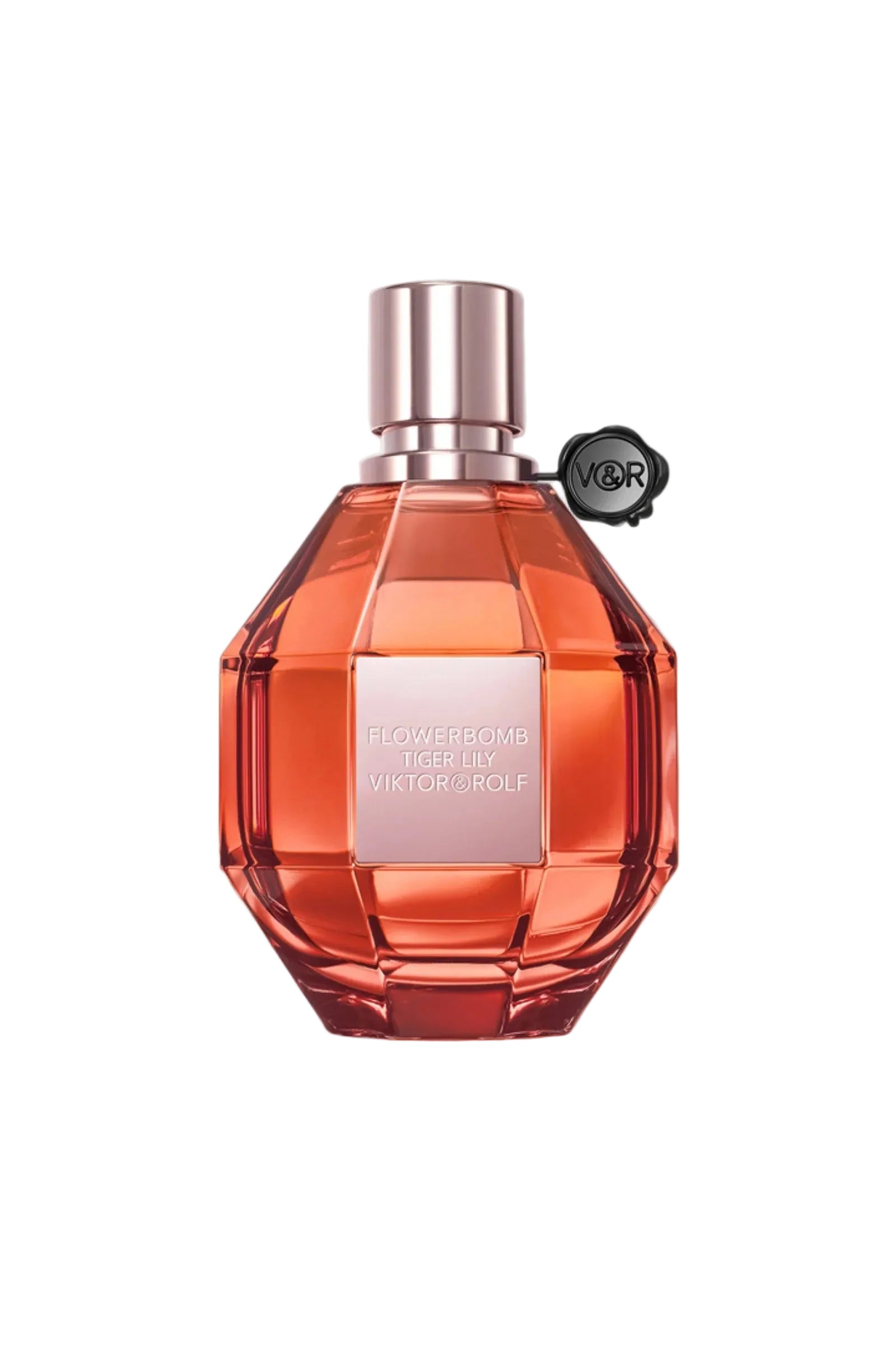 Orange perfume bottle with silver cap on a white background