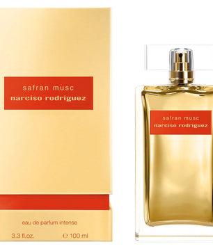 Narciso Rodriguez safran musc perfume bottle and packaging on a white background