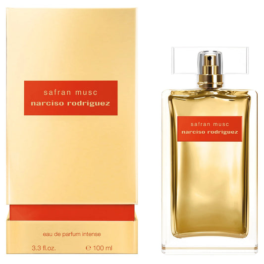Narciso Rodriguez safran musc perfume bottle and packaging on a white background