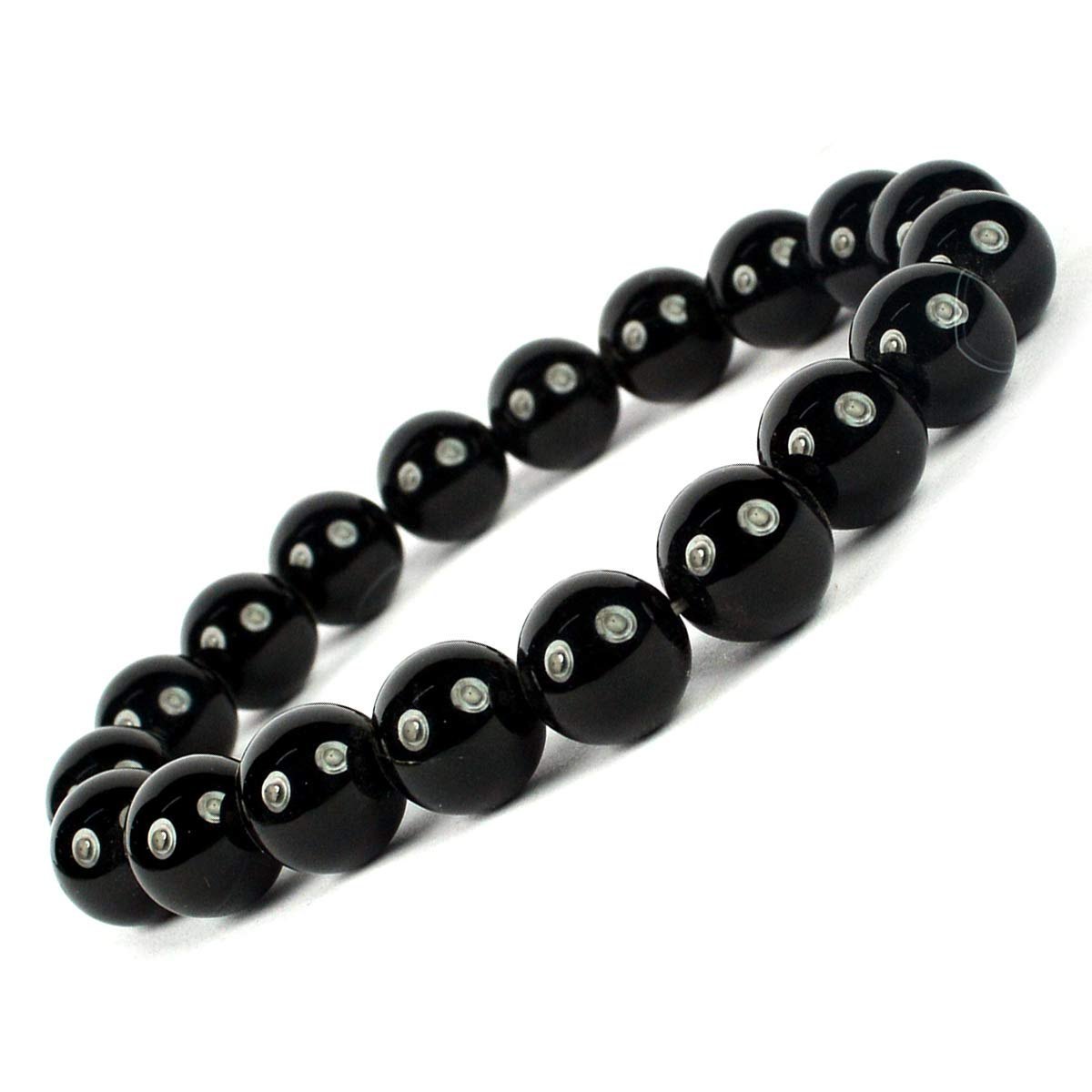 Black beaded bracelet with silver beads on a white background