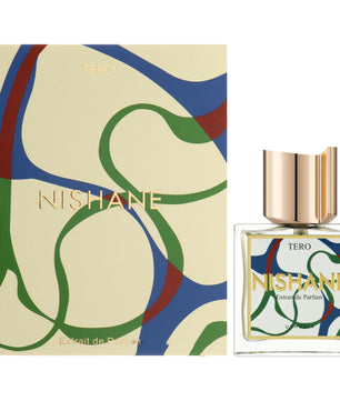 Nishane Tero perfume bottle with abstract design packaging on a white background