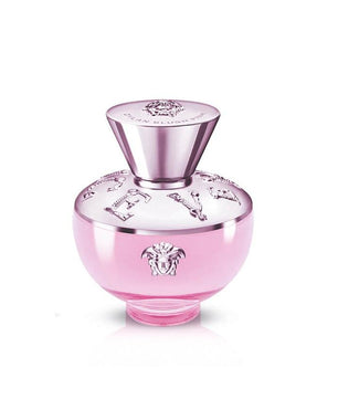Pink perfume bottle with a silver cap on a white background