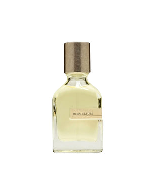 Perfume bottle with gold cap and label on a white background