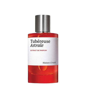 Perfume bottle with red liquid and silver cap on a white background