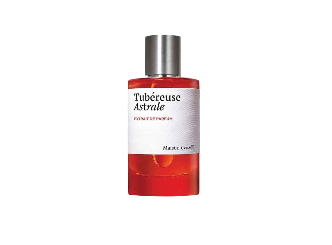 Perfume bottle with red liquid and silver cap on a white background