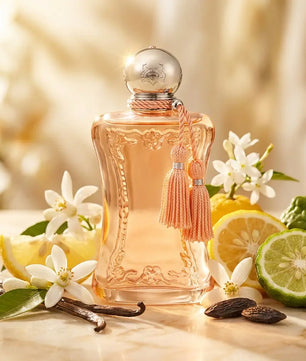 Perfume bottle with floral and fruit elements on a wooden surface