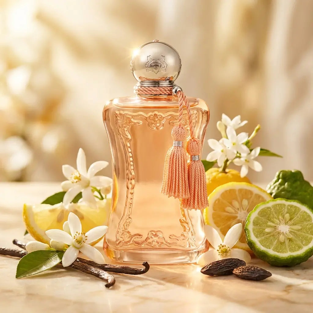 Perfume bottle with floral and fruit elements on a wooden surface